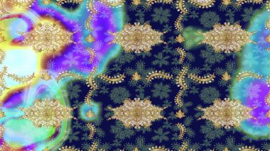 Raster eskiz deseni, altın antika ortaçağ dekoratifi, yapraklar ve mavi renklerde altın desenli süslemeler. Kraliyet lüksü, altın barok kumaş rengi..