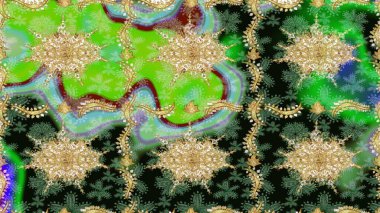 Soyut bir arkaplan çiz. Raster illüstrasyonu. Oriental raster klasik yeşil ve altın desenli.