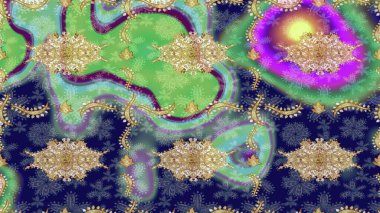 Barok tarzında eskiz oryantal süsü. Geleneksel klasik Raster altın eskiz modeli. Mavi renklerdeki altın elementler.