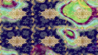 Barok tarzında altın çiçekli süs. Mavi renkte altın bir element. Damask arkaplanı. Altın çiçekli çizim şekli.