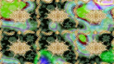 Yeşil renkte altın elementler. Çiçek deseni. Şık bir grafik desen. Duvar kâğıdı barok, İspanyol kumaşı. Çizim raster arkaplanı.