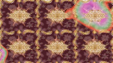 Klasik Raster Golden eskiz kalıbı. Kahverengi renkli ve altın elementli eskiz deseni. Geleneksel oryantasyon süsü. Klasik vintage arkaplan.