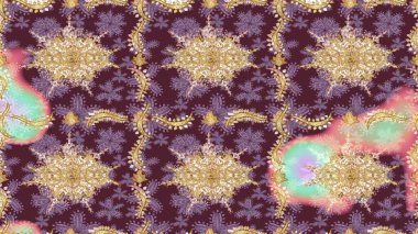 Süslü raster dekorasyonu. Kahverengi renklerde altın element. Lüks, kraliyet ve Viktorya dönemi konsepti. Kahverengi yerine altın rengi barok çiçekli eskiz deseni.