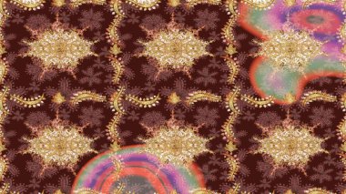 Barok tarzında altın çiçekli süs. Doku arka planında altın duvar kâğıdı. Damask çizimi tekrarlanıyor. Kahverengi renklerde altın element.