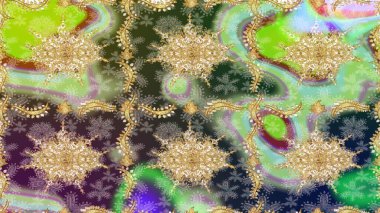 Altın şablonu çiz. Altın elementlerle nötr renklerde altın desen. Raster doğulu süsü.