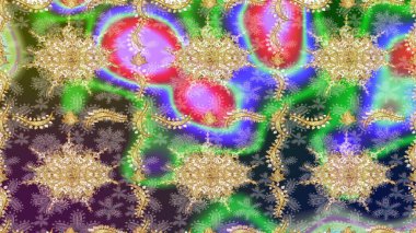 Geleneksel raster ve altın desen. Damask eskiz süsü. Yeşil renkler üzerinde klasik oryantal desen.