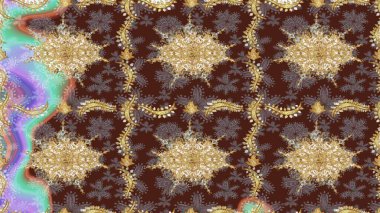 Senin tasarımın için, duvar kağıdı. Altın renkli çizim çizimi. Raster geometrik arka plan. Mor renklerde altın çiçekli çizim deseni.