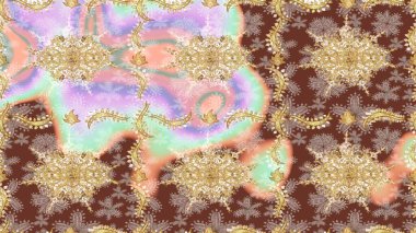 Çiçek süslemeli Raster eskiz deseni. Duvar kâğıdı için altın süslü bir illüstrasyon. Süslü dantel iz sürücü. Doğu tarzında klasik tasarım öğesi. Tarafsız renkler üzerine geleneksel Arapça dekor.