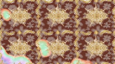 Barok tarzında duvar kâğıdı tasarımı için eskiz şablonu arka planı. Kahverengi renklerde altın desenler ve altın elementler. Süslü raster dekorasyonu.