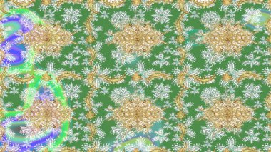 Barok tarzında altın çiçek süsü. Yeşil renklerdeki altın element. Damask çizim kalıbı arka planı tekrarlıyor. Antika altın tekrarlanabilir duvar kağıdı.