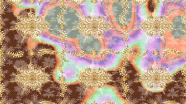 Altın elementli nötr renkler. Doğu tarzı arabesk. Raster illüstrasyonu. Çizim altın desenli bukleler. Raster altın desen.