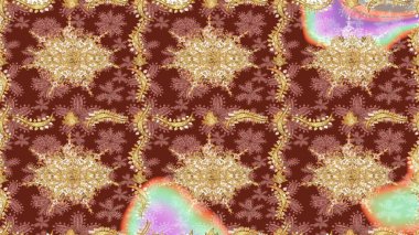 Damask çizimi tekrarlanıyor. Kahverengi renklerde altın element. Doku arka planında altın duvar kâğıdı. Barok tarzında altın çiçekli süs..