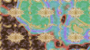 Barok tarzında duvar kâğıdı tasarımı için eskiz şablonu arka planı. Kahverengi renklerde altın desenler ve altın elementler. Süslü raster dekorasyonu.