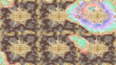 Doğu tarzı arabesk. Raster illüstrasyonu. Altın elementli kahverengi renkler. Raster altın desen. Altın desenli bukleler çiz.