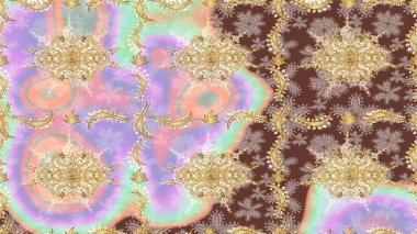 Klasik altın desenli çizim. Raster geleneksel oryantasyon süsü. Altın elementlerle nötr renklerde altın desen.