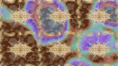 Dekoratif simetri arabesk. Ortaçağ çiçek desenini çiz. Raster illüstrasyonu. Doğum günü kartı, davetiye ya da afiş için iyidir. Kahverengi renklerde altın.