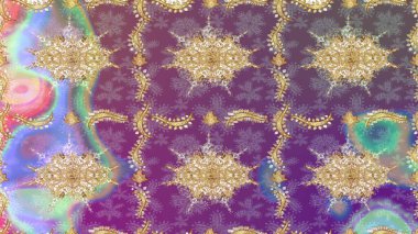 Raster Golden eskiz kalıbı. Düz elle çizilmiş klasik koleksiyon. Arkaplan, kumaş, altın duvar kağıdı. Mor renklerde altın desenli altın elementler.