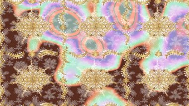 Kraliyet lüksü, altın barok kumaş rengi eskiz. Raster eskiz deseni altın antika ortaçağ dekoratifi, yapraklar ve altın desenli süslemeler tarafsız renklerde..