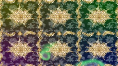 Barok tarzında eskiz oryantal süsü. Raster geleneksel altın çizim deseni yeşil renkler üzerine.