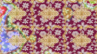 Barok tarzında duvar kâğıdı tasarımı için eskiz şablonu arka planı. Süslü raster dekorasyonu. Altın elementlerle kırmızı renklerde altın desen.