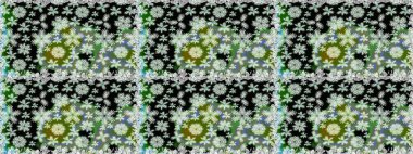 Renkli desenli, yeşil çiçekli ve dekoratif elementli kusursuz desen. Kusursuz bir geçmişi var. Eski usul. Raster illüstrasyonu. Kumaş, tekstil ve duvar kağıdı baskısı için..