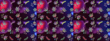 Kahverengi, mavi ve mor renkte etnik çiçeklerle süslenmiş zarif bir eskiz deseni. Raster Çiçek İllüstrasyon Şirin Tekstil.