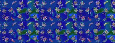 Kar tanelerinin soyut arkaplanlı Noel şablonu. Mavi, yeşil ve mor kar taneleri. Raster illüstrasyonu. Renkler. Noel ve Yeni Yıl moda baskıları için tatil tasarımı.