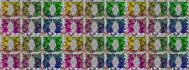 El çizimi çiçek unsurları olan soyut, dikişsiz raster deseni. Yeşil yeşile. 1950-1960 motifleri. Retro tekstil tasarım koleksiyonu. Çiçekli ipek eşarp..