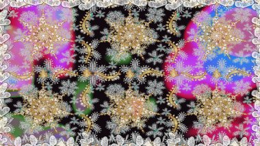 Doğu tarzında klasik tasarım öğesi. Süslü dantel iz sürücü. Duvar kâğıdı için altın süslü bir illüstrasyon. Gri renkli geleneksel Arapça dekor. Çiçekli süslemeli, pürüzsüz bir desen..