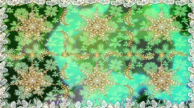 Raster altın desen. Doğulu stil, altın elementli yeşil renkli altın desenli arabesk yapar. Kusursuz kıvırcık saçlar..