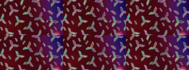 Raster illüstrasyonu. Noel ve yeni yıl moda baskıları için tatil tasarımı. Kahverengi, mor ve mavi renkler. Kar tanelerinin soyut arkaplanlı Noel deseni.