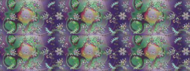 Renkli şal desenli, nötr, mor ve yeşil çiçekli ve dekoratif elementli kusursuz desen. Kusursuz bir geçmişi var. Raster tasarımı. Kumaş, tekstil, duvar kağıdı baskısı için. Antika retro tarzı.