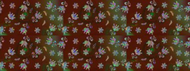 Raster Modaya uygun kumaş deseni. Kahverengi renkli şirin çiçek deseni. Düz Çiçek Elementleri Tasarımı. Renkli Bahar Teması çizim şablonu.