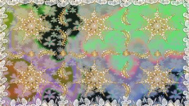 Altın çiçekli, pürüzsüz desen. Damask arkaplanı. Barok tarzında altın çiçekli süs. Tarafsız renklerdeki altın element.