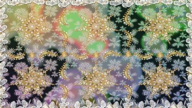 Kusursuz altın desenli bukleler. Parlak dantel, stilize çiçekler, şal desenli. Raster. Gri renklerde, altın elementlerle kusursuz desen. Hassas altın deseni açın. Doğu tarzı arabesk.