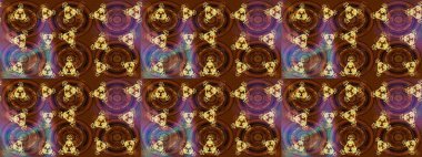 Kahverengi, mor ve sarı renkler. Kar tanelerinin soyut arkaplanlı Noel şablonu. Noel ve yeni yıl moda baskıları için tatil tasarımı. Raster illüstrasyonu.