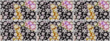 Raster illüstrasyonu. Renkli desenli, gri çiçekli ve dekoratif elementli kusursuz desen. Kumaş, tekstil, duvar kağıdı baskısı için. Kusursuz bir geçmişi var. Antika retro tarzı.