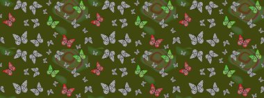 Raster illüstrasyonu. Yeşil renklerin çizimi. Kumaş, Tekstil, Baskı ve Davetiye için arka plan. Watercolor Style 'da uçan kelebeklerle eskiz kalıbı. Doğada Güzellik.