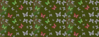 Tasarım için Raster Kelebekleri. Raster illüstrasyonu. Fantezi renkli resimler koleksiyonu. Farklı renkte kelebeklerin çizimi. Giysi biçimi için yeşil arkaplanda dekor.