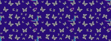 Raster illüstrasyonu. Kelebek yineleme dokusunun güzel çizimi karşıtlık katmanında izole edilmiş. Doğa kelebeği temayı mavi renklerle tekrarlıyor. Korunmak için vahşi yaşam böcekleri arka planı.