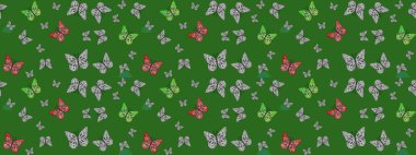 Raster illüstrasyonu. Yeşil üzerinde sevimli kelebekler. Ambalajlar, duvar kağıtları, kumaş tasarımı ve kağıt için güzel bir arka plan. Renkli kelebeklerin eskiz arka planı.