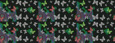 Kelebeklerle dolu renkli bir halk eskizi çizimi. Gri arka planda renkli bir kelebek. Davetiye, kart, yazdırma için basit şirin desen.