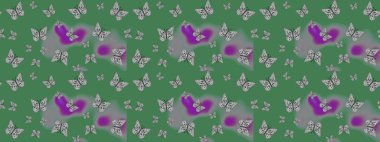 Yeşil arka planda kelebek desenli çizim. Kumaş, kağıt, ambalaj kâğıdı ve duvar kağıdı tasarımı için hoş bir arka plan. Raster illüstrasyonu.