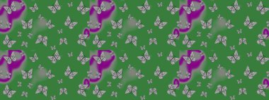 Tekstil, duvar kâğıtları, web sayfası arkaplanları ve yüzey dokuları için mükemmel. Yeşil renkli kelebeklerin eskiz arkaplanı. Raster illüstrasyonu.