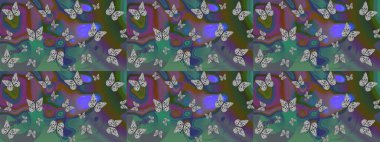 Kağıt, kumaş ve ambalaj için uygun. Raster. Çizim kalıbı. Kelebekler yeşil şirin arka planda.