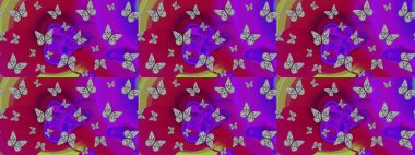 Kumaş, kağıt, ambalaj kâğıdı ve duvar kağıdı tasarımı için hoş bir arka plan. Raster illüstrasyonu. Mor zemin üzerinde kelebek olan çizim deseni.