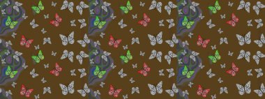 Raster. Resimlerde tropik kelebekler görülür. Duvar kağıtları, web sayfası geçmişi, yüzey dokuları, tekstil için mükemmel. Kahverengi renklerde çiçek desenli eskiz.