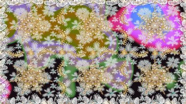 El yapımı dekoratif çerçeve, albüm kapağı, tebrik kartı, klasik Art deco tarzı. Raster soyut çiçek çelengi altın karalama fantezi yaprakları ve gri renkli çiçekler.