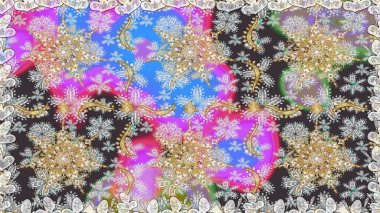 Gri renkli desen. Kına dövmeli süs çiçekleri, altın çıkartmalar, mehndi ve yoga tasarımı, kartlar ve parmak izleri. Raster altın mehndi kusursuz desen.