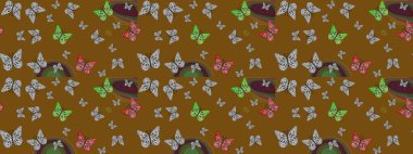 Renkli kelebeklerin eskiz geçmişi. Kahverengi üzerinde sevimli kelebekler. Raster illüstrasyonu. Ambalaj kağıtları ve duvar kağıtları için güzel bir arkaplan, kumaş tasarımı, kağıt..